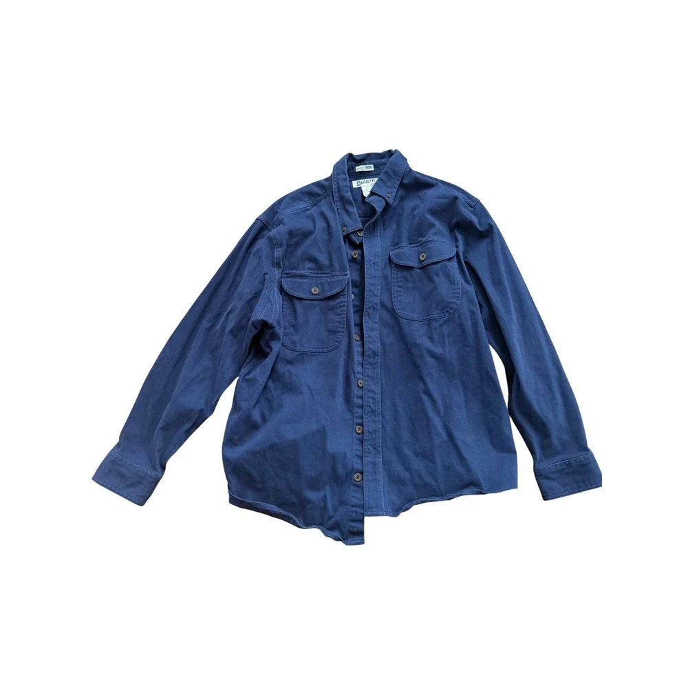 Duluth Trading Untucked Long Sleeve Button Up Shirt Navy Blue Large Relaxed Fit